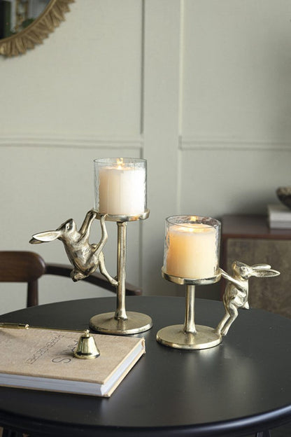 Gold rabbit candle holder pair with clear glass hurricane shades by HouseOfZazla on Tampa Home & Garden Store