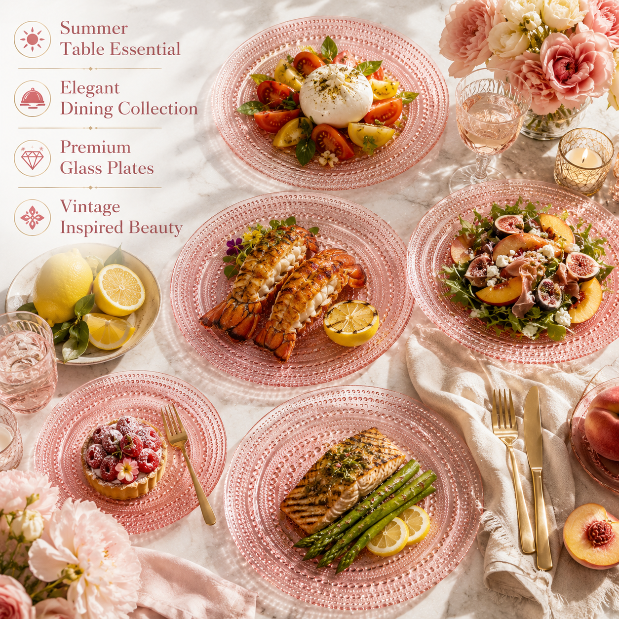 Blush Pink Hobnail Glass Dinner Plates Set of 4