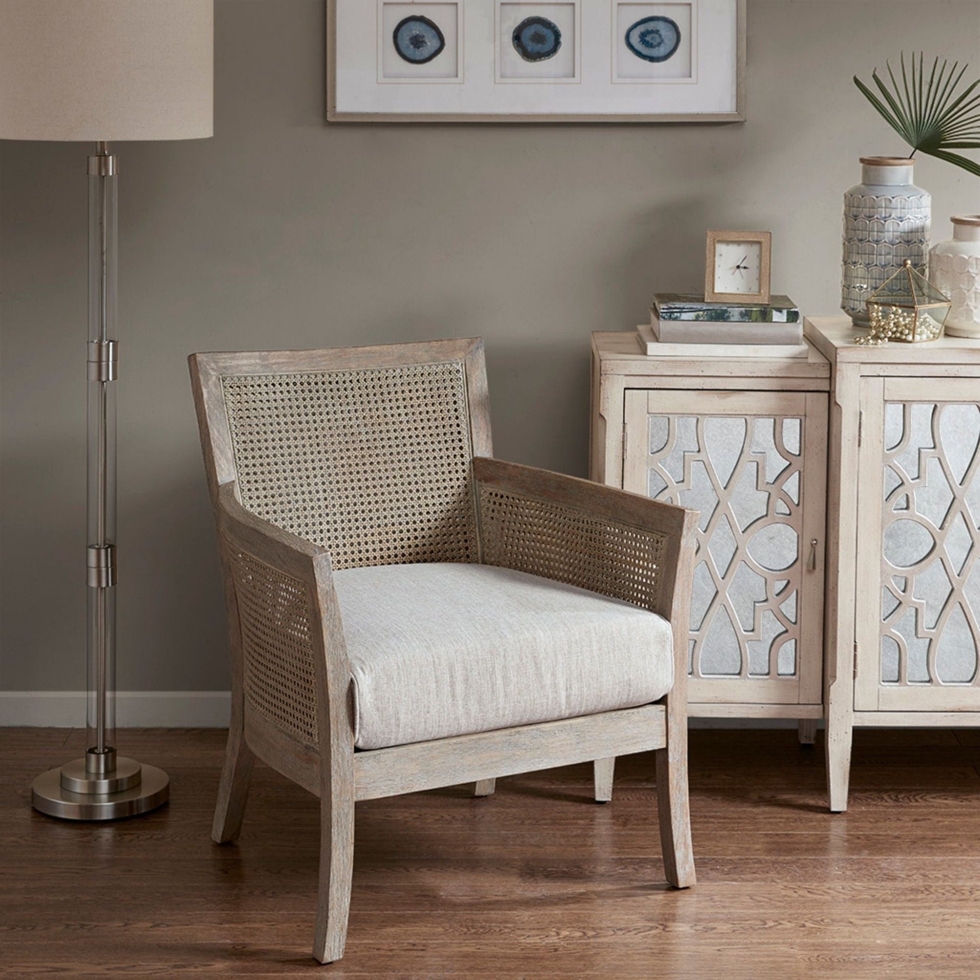 Cane Armchair with cream upholstery, natural reclaimed wood frame, high-density foam seat on Tampa Home & Garden Store