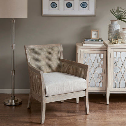 Cane Armchair with cream upholstery, natural reclaimed wood frame, high-density foam seat on Tampa Home & Garden Store