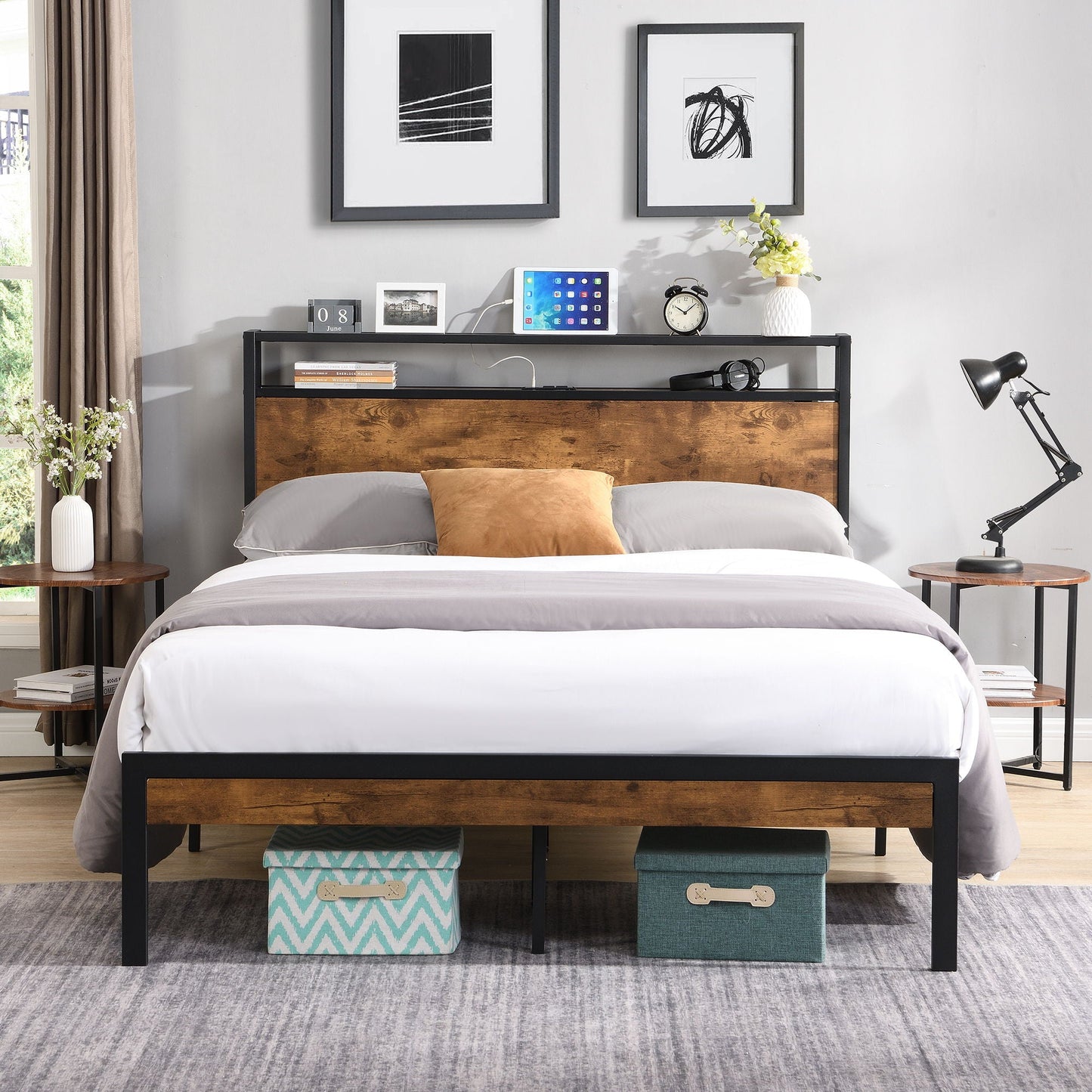 Metal Platform Bed with Wooden Headboard and Usb