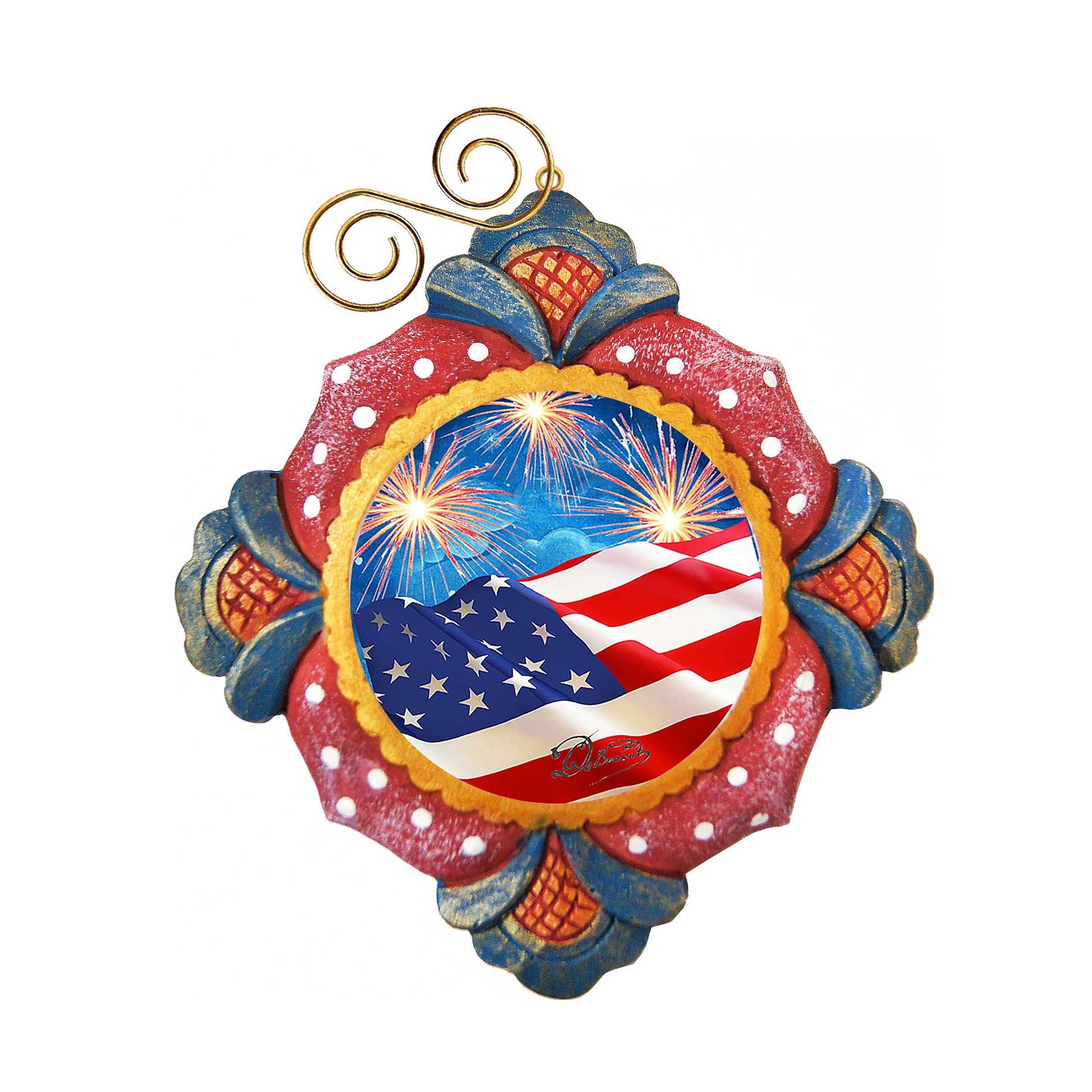 Patriotic hand-painted ornament by G. DeBrekht with red white blue flag and gold filigree on Tampa Home & Garden Store