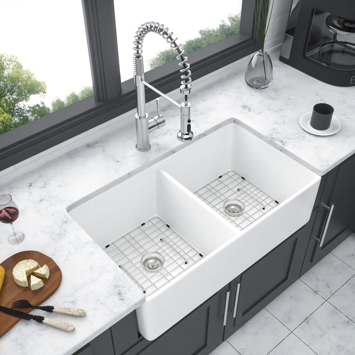White apron-front double-bowl 32in sink with chrome faucet and grid mats HouseOfZazla on Tampa Home & Garden Store