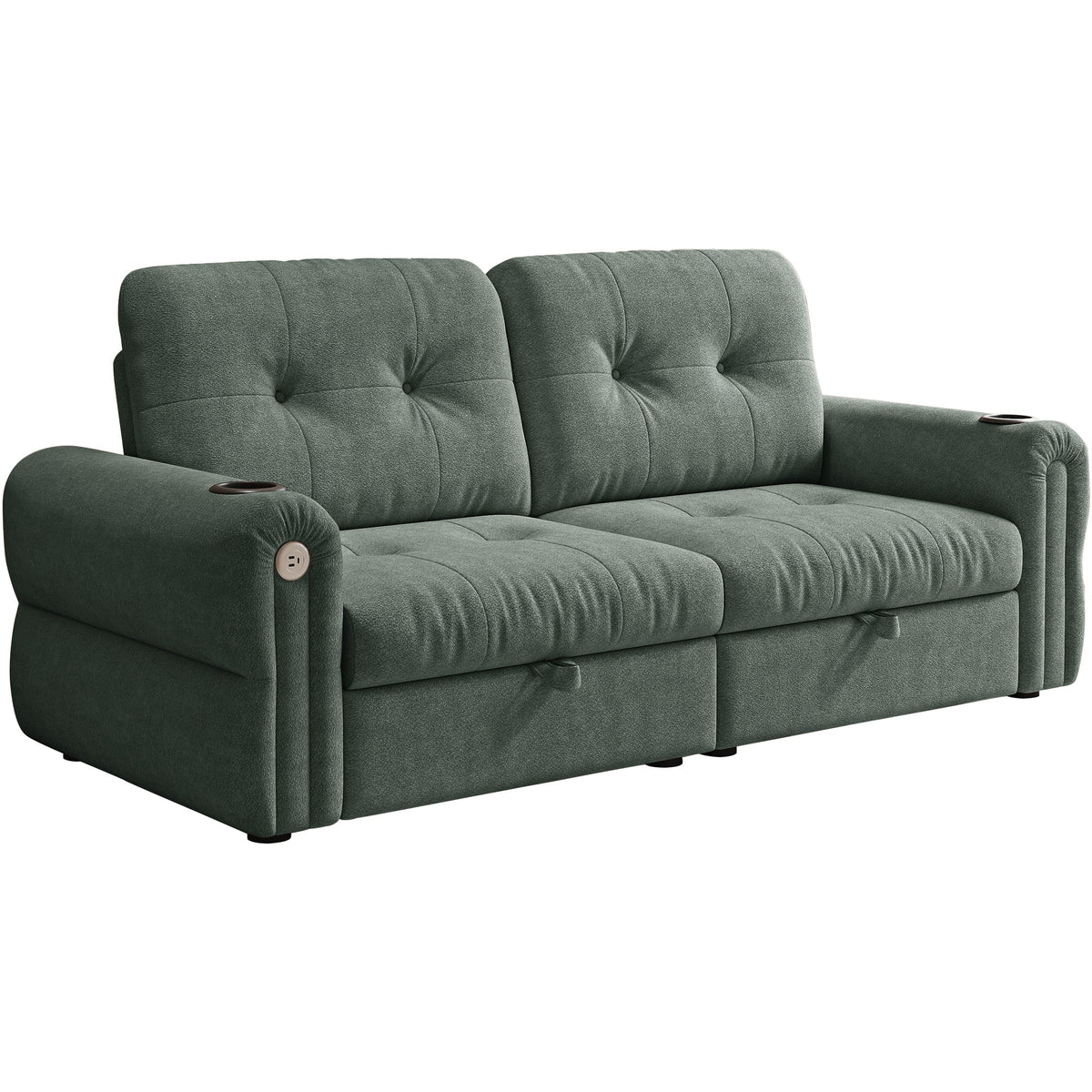 Chenille convertible sofa bed in emerald green with tufted back cushions and cup holders on Tampa Home & Garden Store