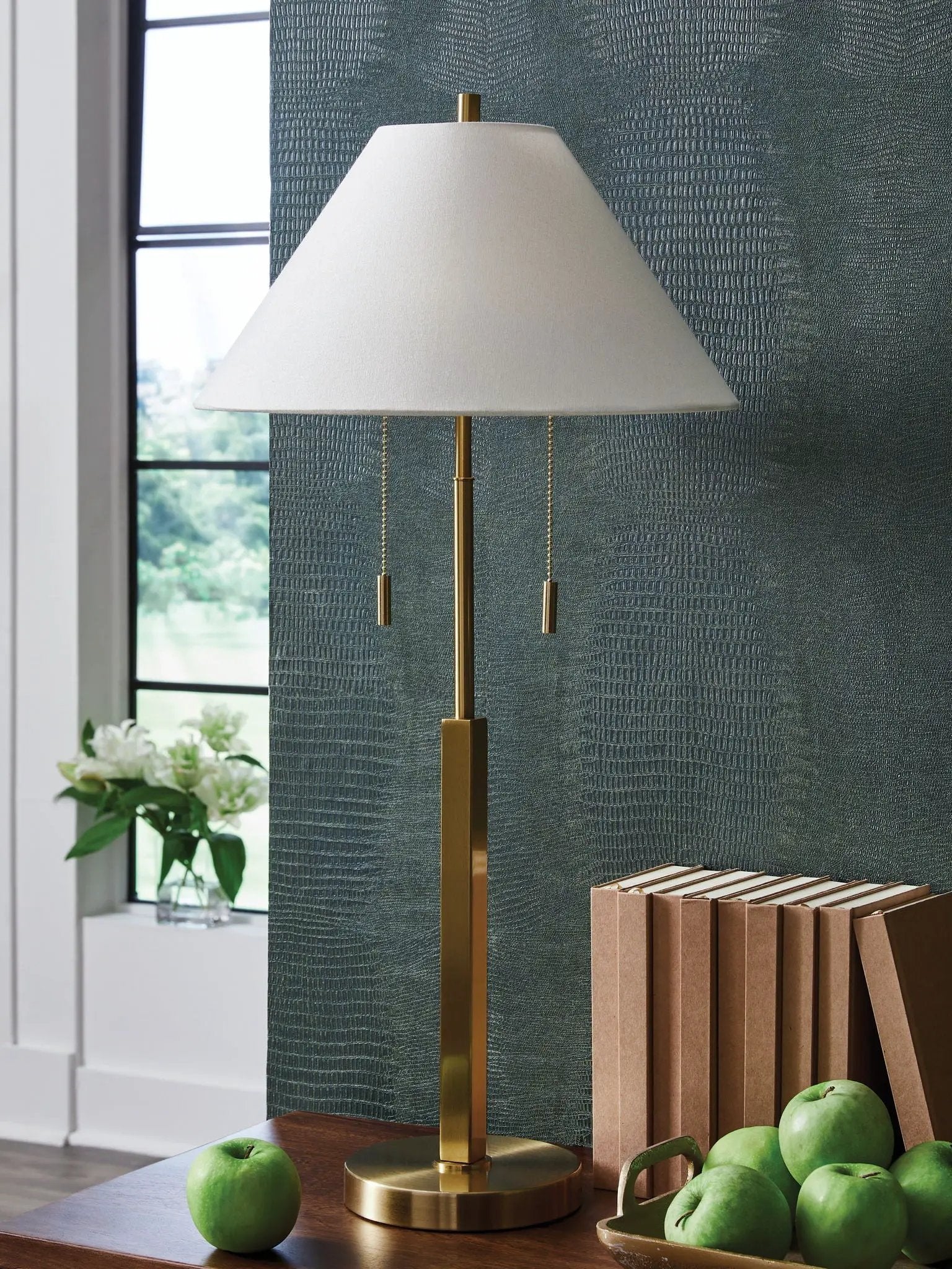 Haigwood metal floor lamp by Unique Piece Furniture with brass finish and white fabric shade on Tampa Home & Garden Store