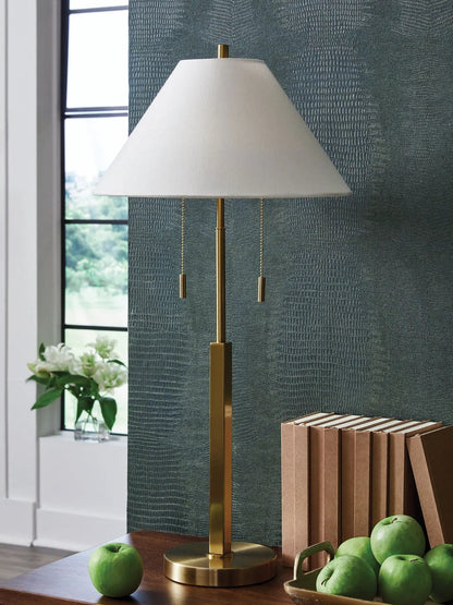 Haigwood metal floor lamp by Unique Piece Furniture with brass finish and white fabric shade on Tampa Home & Garden Store