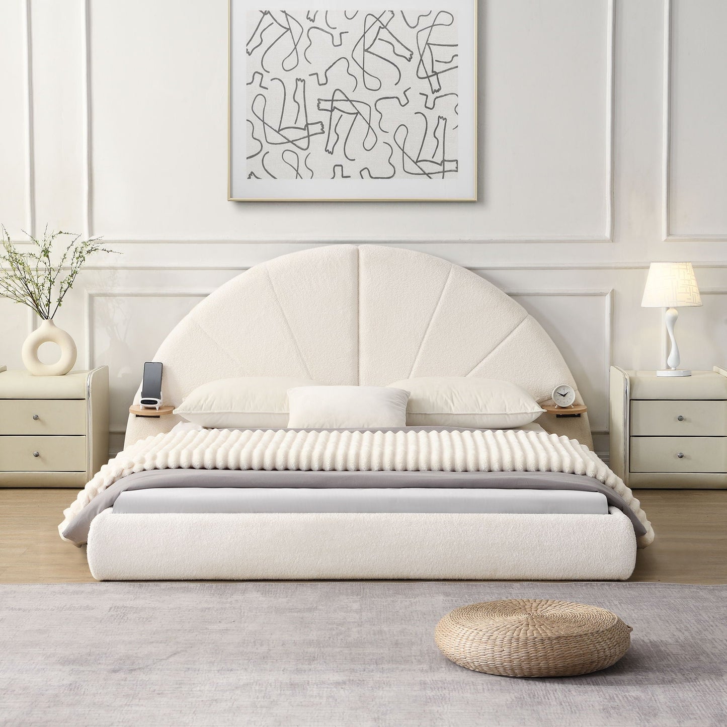 Queen arched beige upholstered bed with two nightstands by HouseOfZazla on Tampa Home & Garden Store