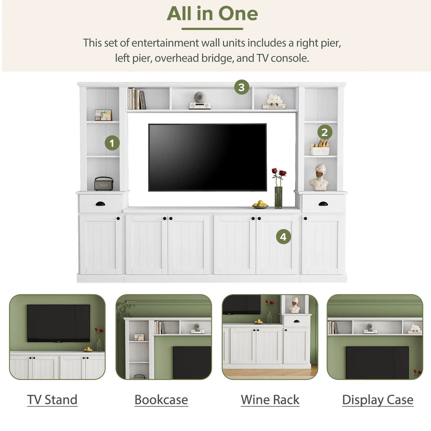 Minimalist Entertainment Wall Unit Set with Bridge in white wood for TVs up to 75 in on Tampa Home & Garden Store
