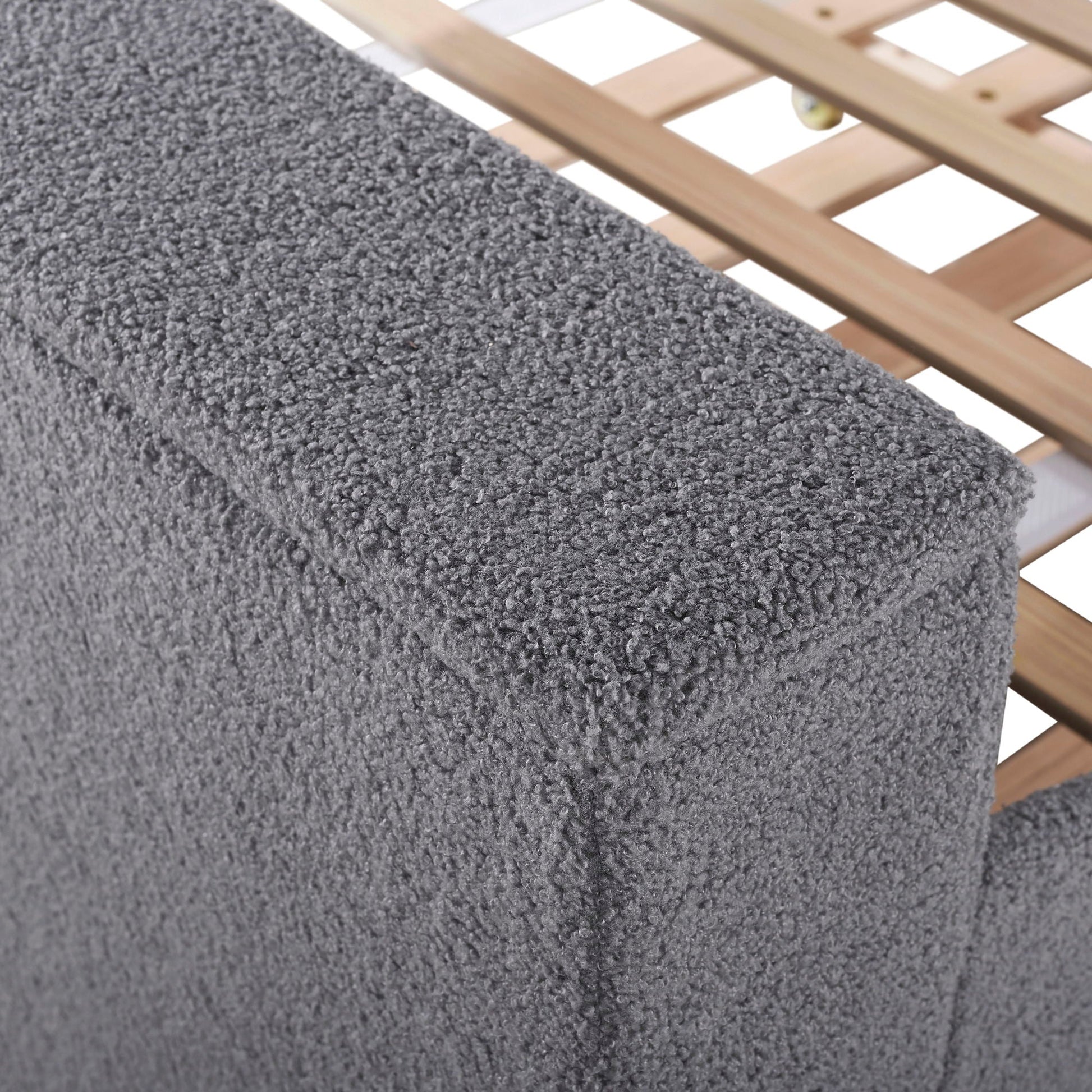 Upholstered daybed gray fabric with light wood lattice frame on Tampa Home & Garden Store