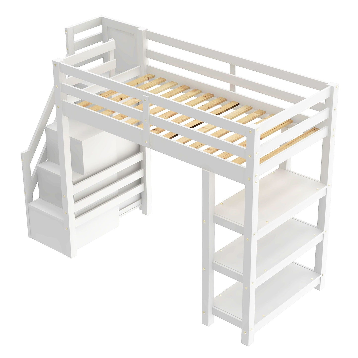 Loft bed by HouseOfZazla with 4-shelf storage staircase, small wardrobe and LED light on Tampa Home & Garden Store