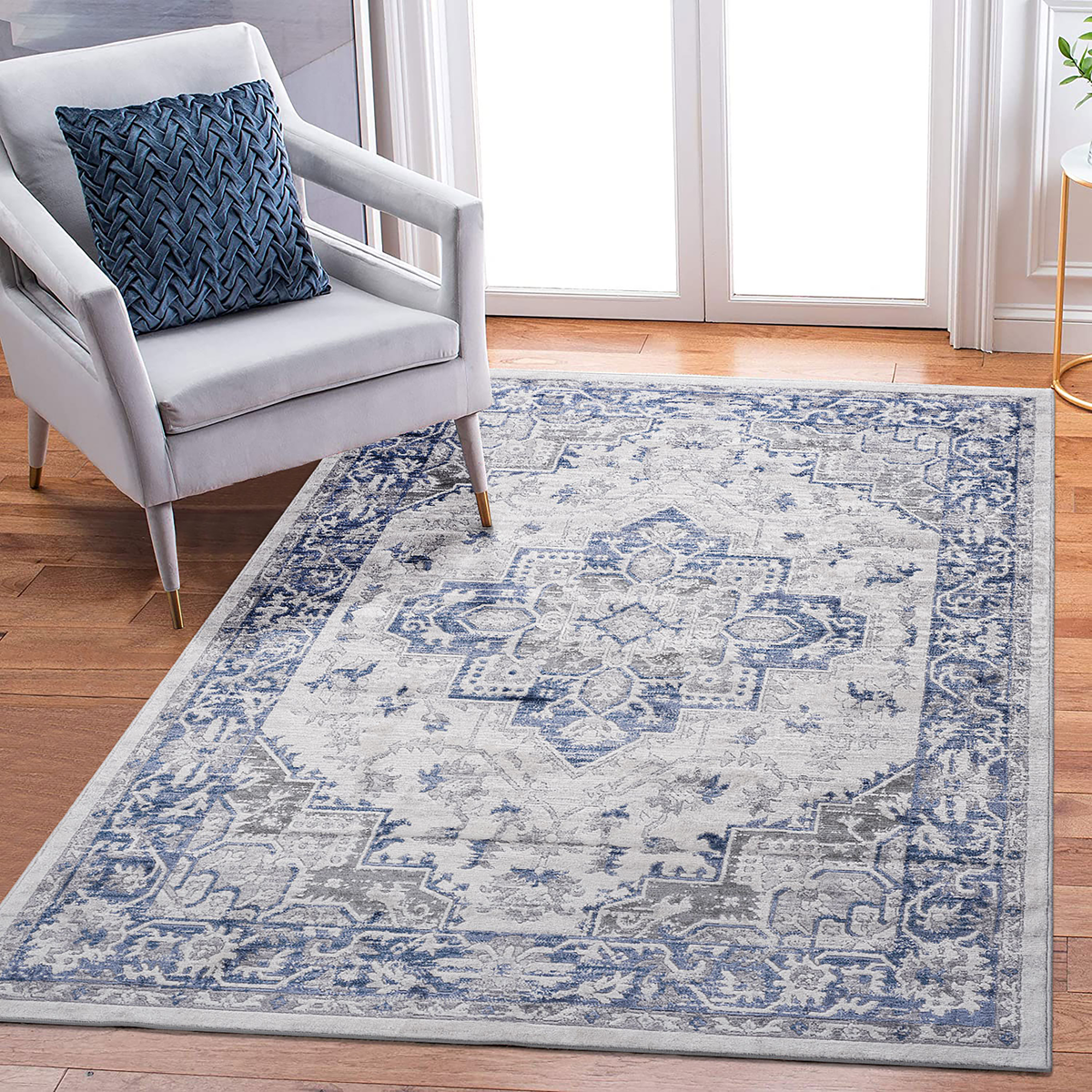 Rug Marfi durable polyester rug in blue-gray with intricate medallion print and light border on Tampa Home & Garden Store