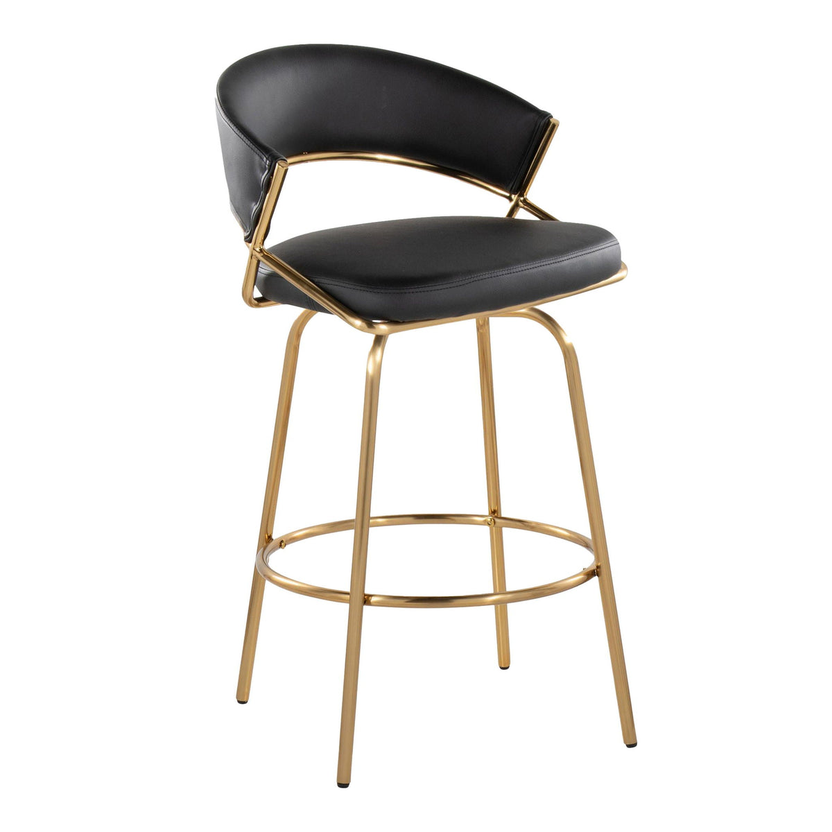 Glam fixed-height counter stool with swivel, black faux leather seat and gold metal frame on Tampa Home & Garden Store