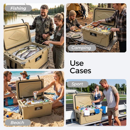 Khaki 65QT Heavy-Duty Ice Cooler Box by HouseOfZazla shown in camping, fishing, beach scenes for outdoor deck storage on Tampa Home & Garden Store