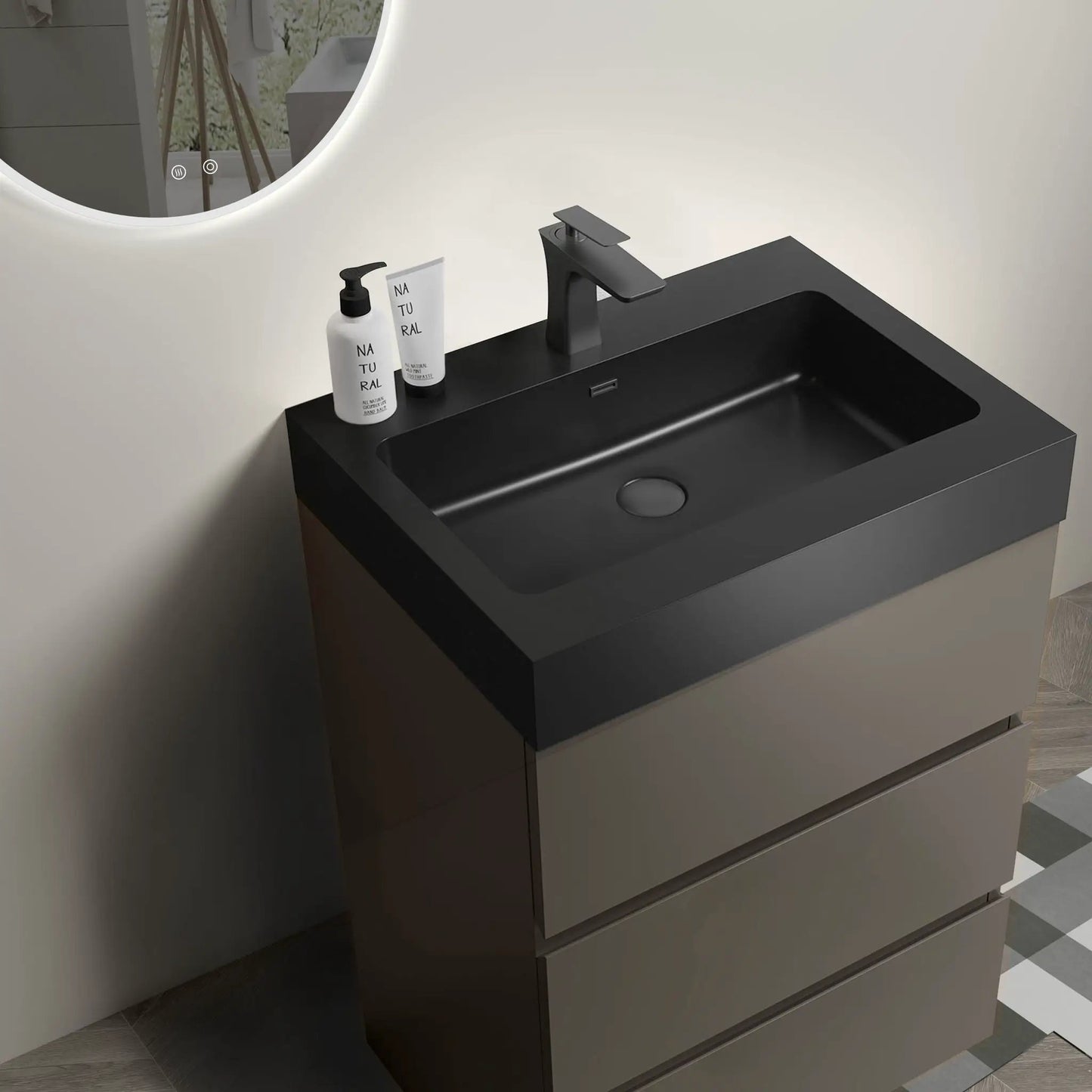 Alice freestanding vanity with black countertop, integrated sink and matte black faucet, large storage on Tampa Home & Garden Store