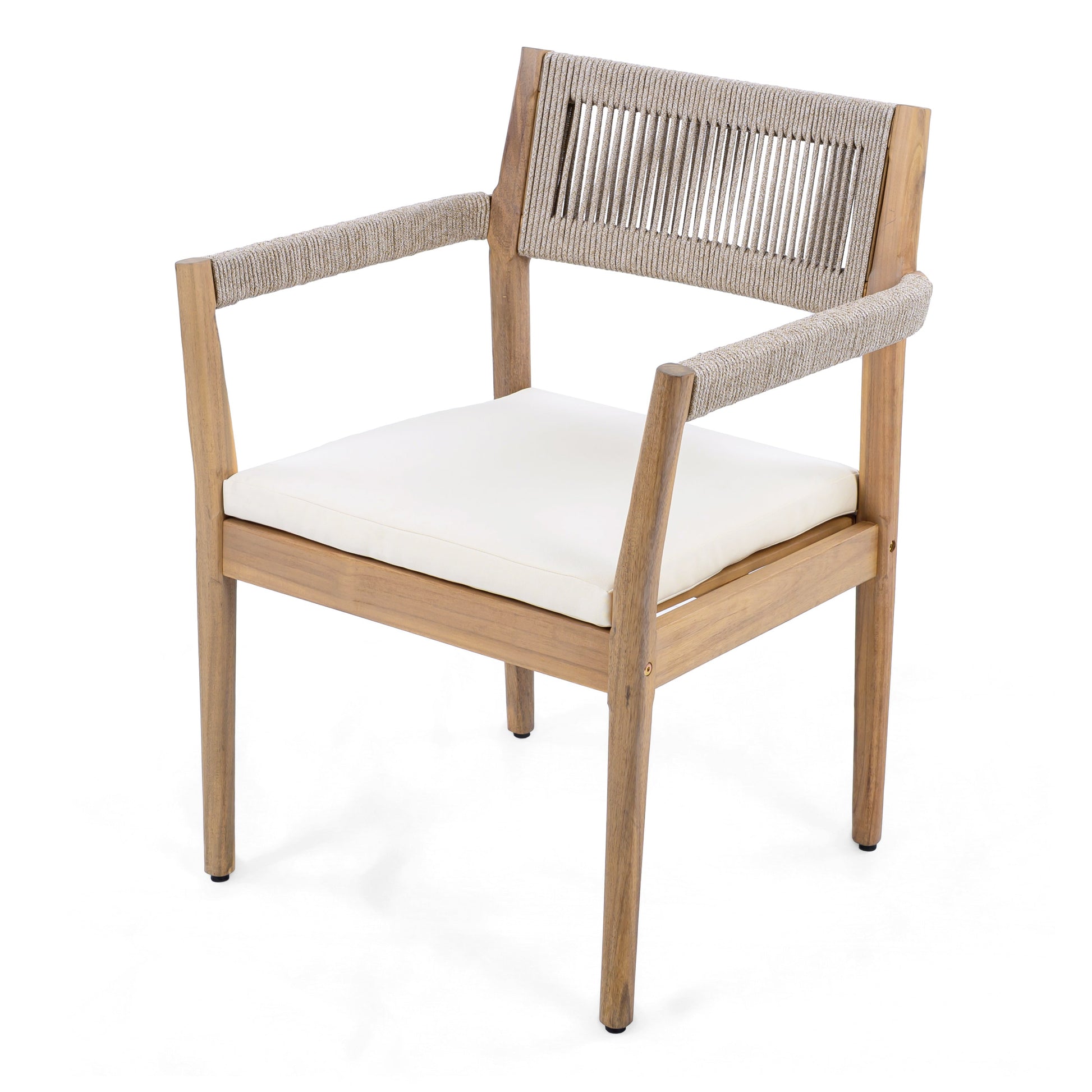 Braided acacia wood outdoor dining chair with beige rope weave and cream cushion on Tampa Home & Garden Store