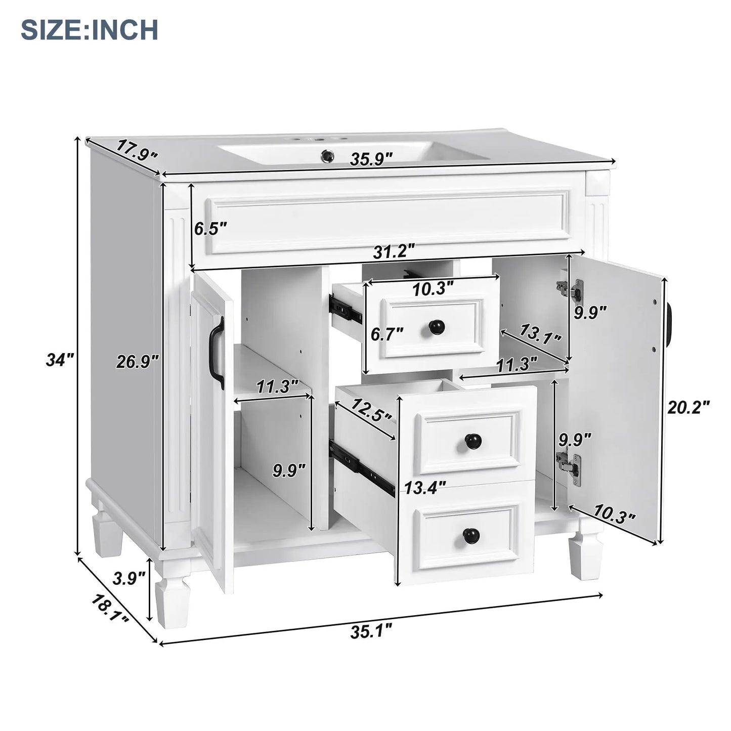 White bathroom vanity with top sink, mirror cabinet, 2 soft-close doors and 2 drawers on Tampa Home & Garden Store