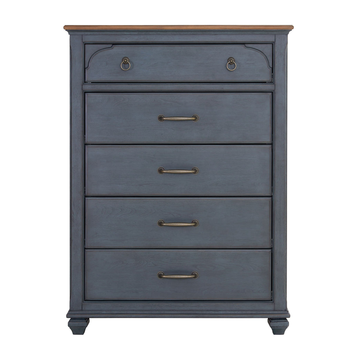 Blue accent chest by HouseOfZazla with wood-tone top and antique brass ring pulls on Tampa Home & Garden Store