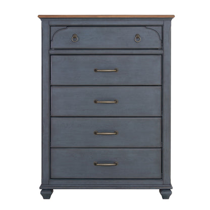 Blue accent chest by HouseOfZazla with wood-tone top and antique brass ring pulls on Tampa Home & Garden Store
