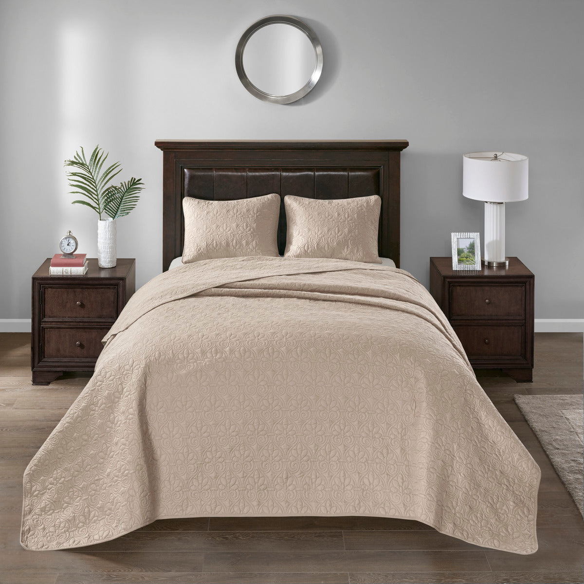 Khaki reversible quilt set with antimicrobial cotton filling by HouseOfZazla on bed beige pillows on Tampa Home & Garden Store
