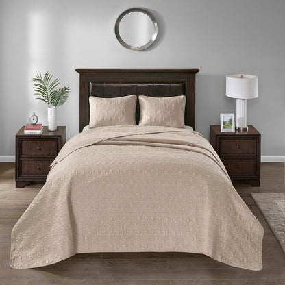 Khaki reversible quilt set with antimicrobial cotton filling by HouseOfZazla on bed beige pillows on Tampa Home & Garden Store
