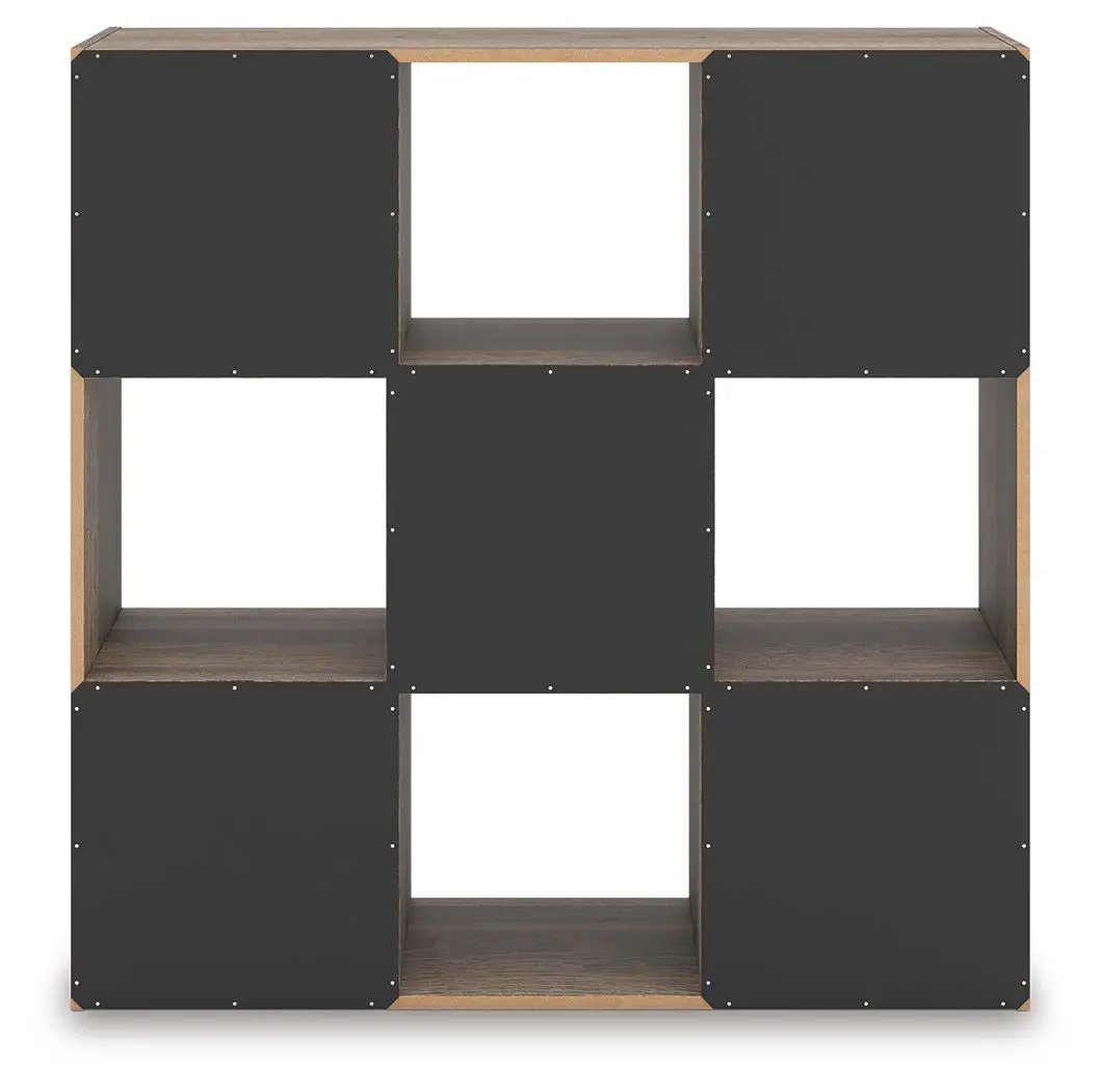 Shallifer Cube Organizer Unique Piece Furniture, dark panel fronts with wood frame 3x3 grid on Tampa Home & Garden Store
