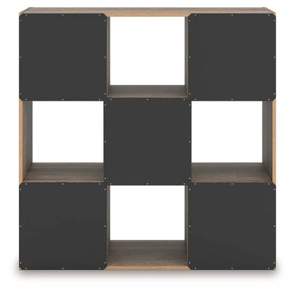 Shallifer Cube Organizer Unique Piece Furniture, dark panel fronts with wood frame 3x3 grid on Tampa Home & Garden Store
