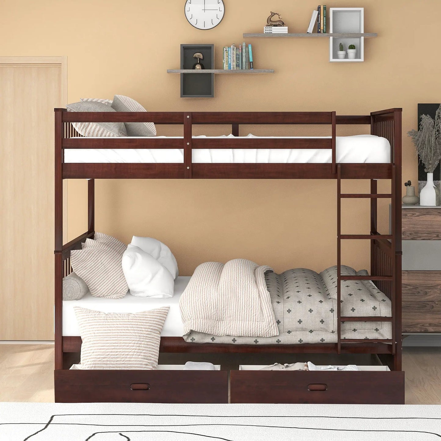 Bunk bed with ladders and 2 storage drawers in dark wood by Unique Piece Furniture on Tampa Home & Garden Store