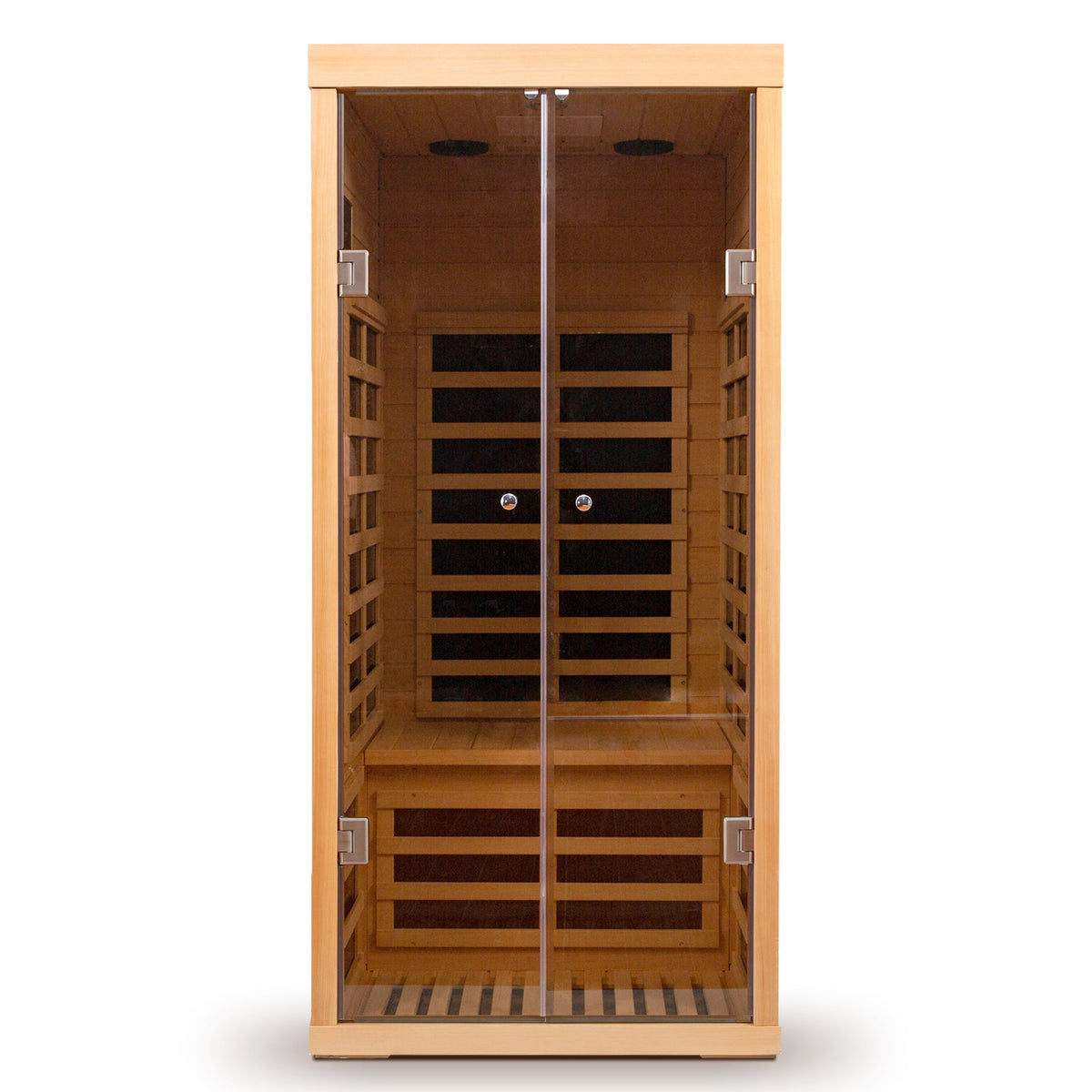 Low EMF Infrared Double Sauna Room in natural wood with glass doors on Tampa Home & Garden Store