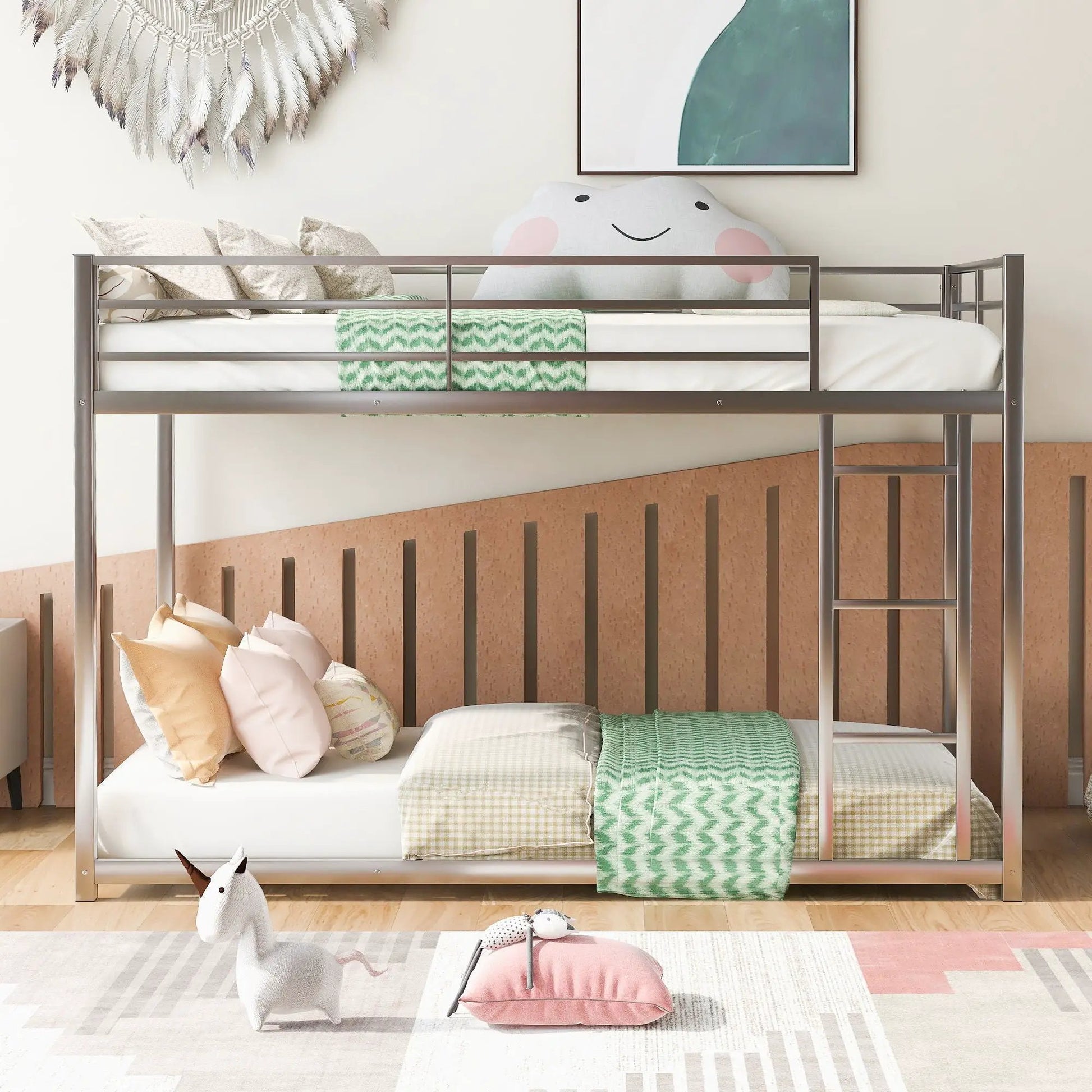 Metal bunk bed with ladder, low-profile twin over twin, silver metal frame, contemporary style on Tampa Home & Garden Store