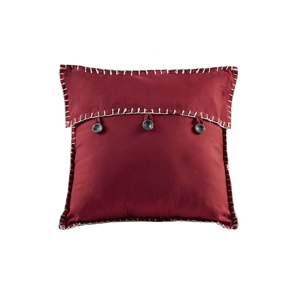 Red decorative pillow by HouseOfZazla with white blanket-stitch trim and button accents on Tampa Home & Garden Store
