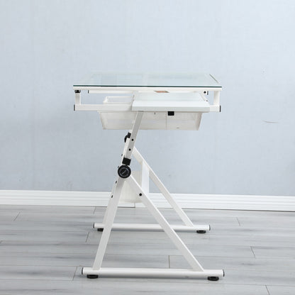 White adjustable drafting table with tempered glass top and mesh basket on Tampa Home & Garden Store