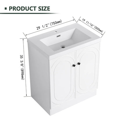Contemporary bathroom vanity with resin sink, white cabinet, two doors with black knobs on Tampa Home & Garden Store