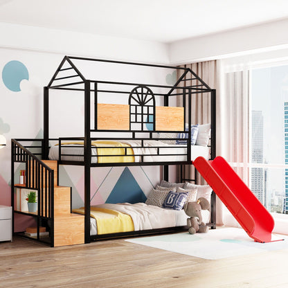 Metal House Bunk Bed With Slide and Storage
