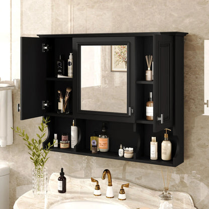 Wall mounted black bathroom medicine cabinet with mirror and open shelves, storing toiletries on Tampa Home & Garden Store