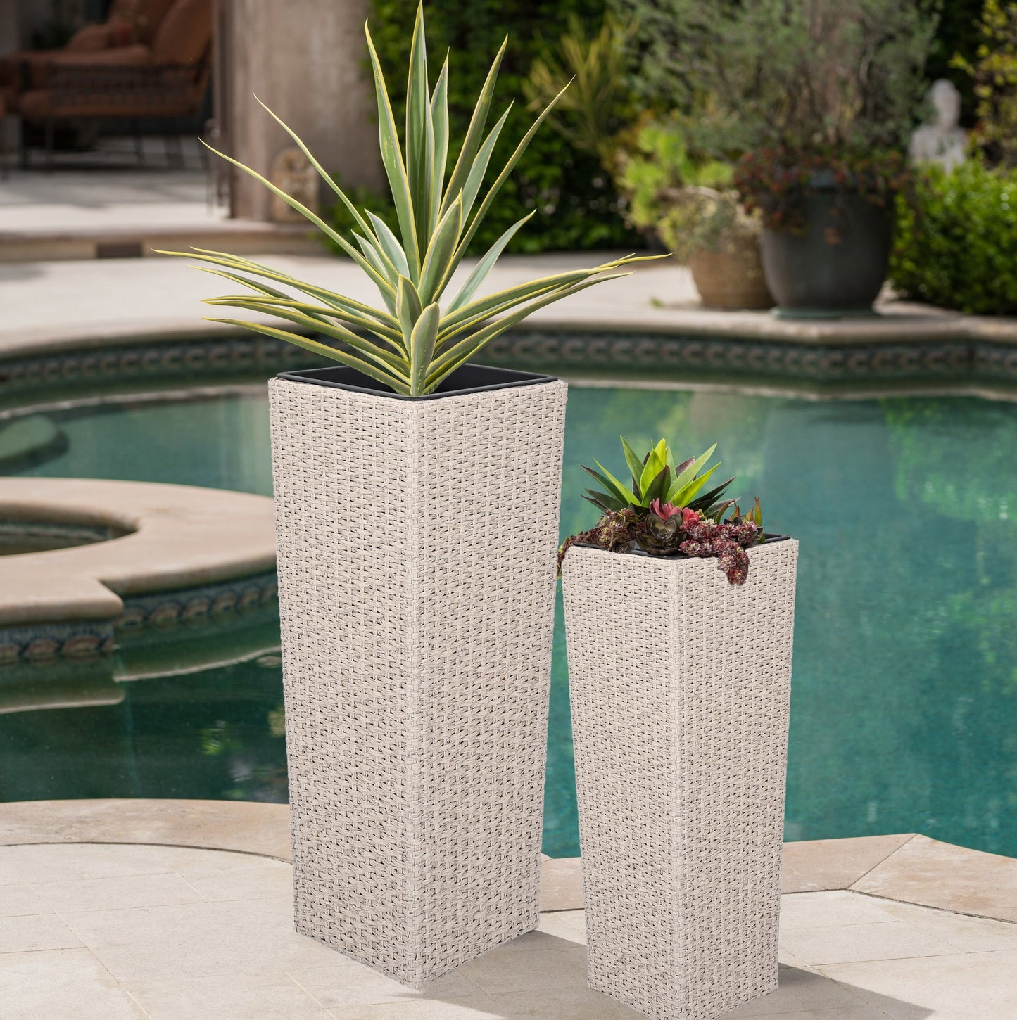 Set of Two Outdoor Beige PE Rattan Planters