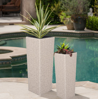Set of Two Outdoor Beige PE Rattan Planters