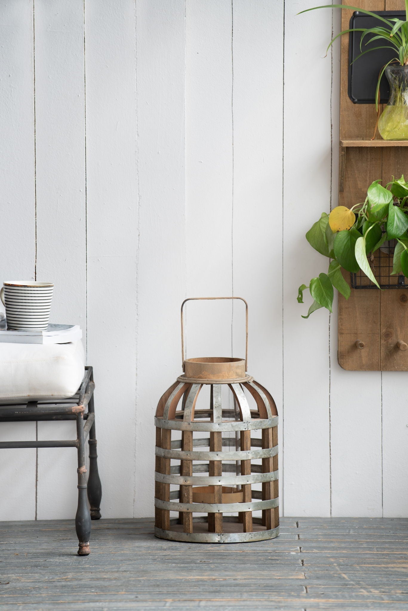 Decorative wooden lantern with handle, rustic metal bands, HouseOfZazla lantern for indoor outdoor spaces on Tampa Home & Garden Store