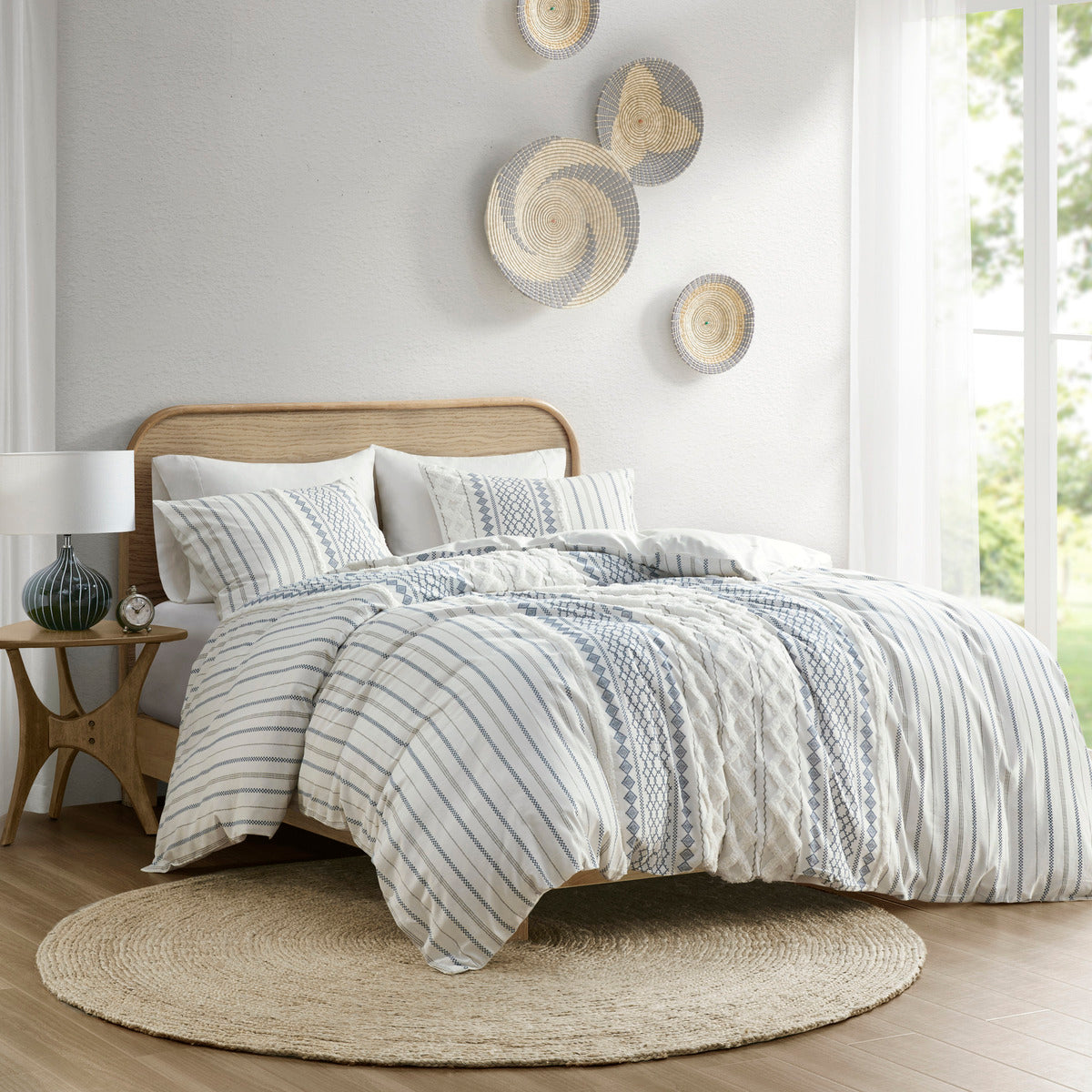 Cotton Printed Duvet Cover Set with Chenille Full/Queen, white and blue striped, HouseOfZazla on Tampa Home & Garden Store