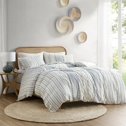Cotton Printed Duvet Cover Set with Chenille Full/Queen, white and blue striped, HouseOfZazla on Tampa Home & Garden Store