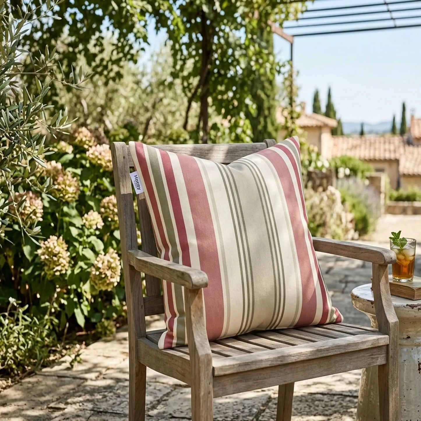 Outdoor Pillows Set of 2 striped pink olive ivory on a chair Unique Piece Furniture on Tampa Home & Garden Store
