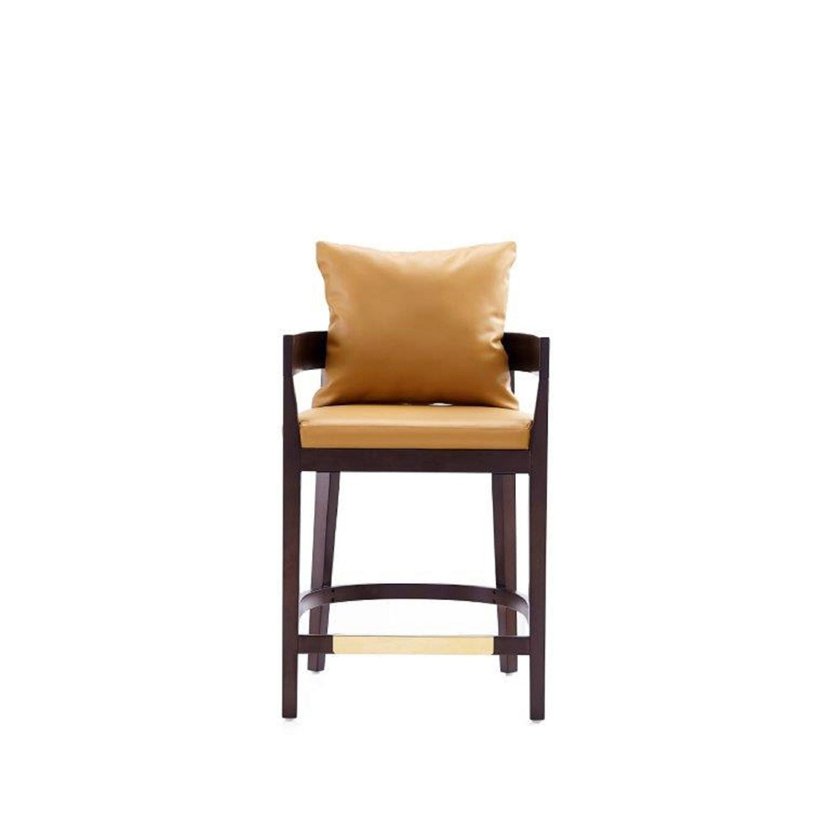 Mid-Century Modern counter-height stool with tan upholstered seat and back dark-wood frame on Tampa Home & Garden Store