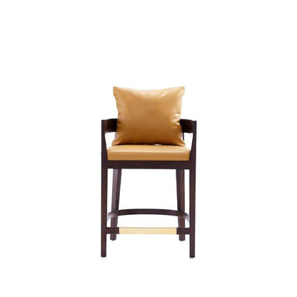 Mid-Century Modern counter-height stool with tan upholstered seat and back dark-wood frame on Tampa Home & Garden Store