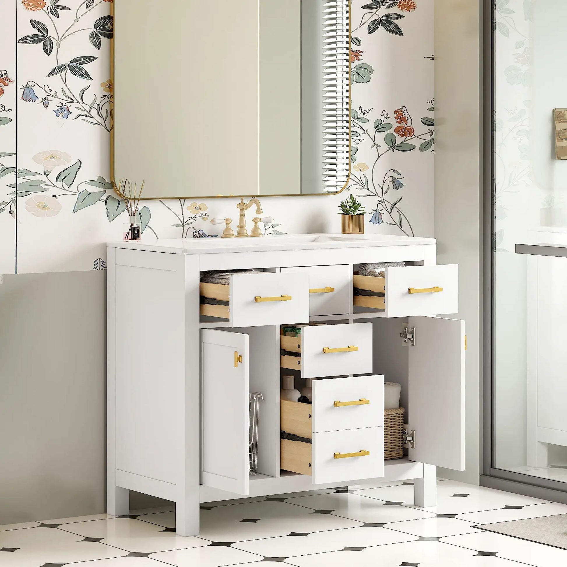 White modern bathroom vanity with sink, four drawers, gold hardware Unique Piece Furniture on Tampa Home & Garden Store