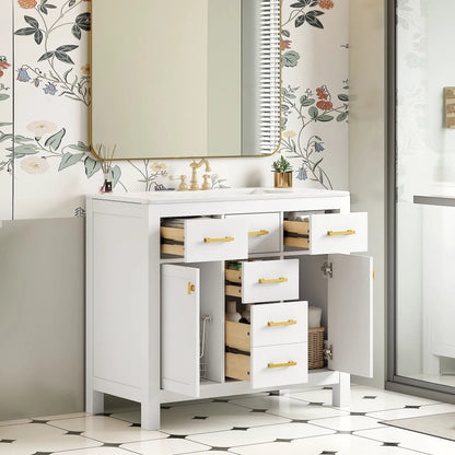 White modern bathroom vanity with sink, four drawers, gold hardware Unique Piece Furniture on Tampa Home & Garden Store