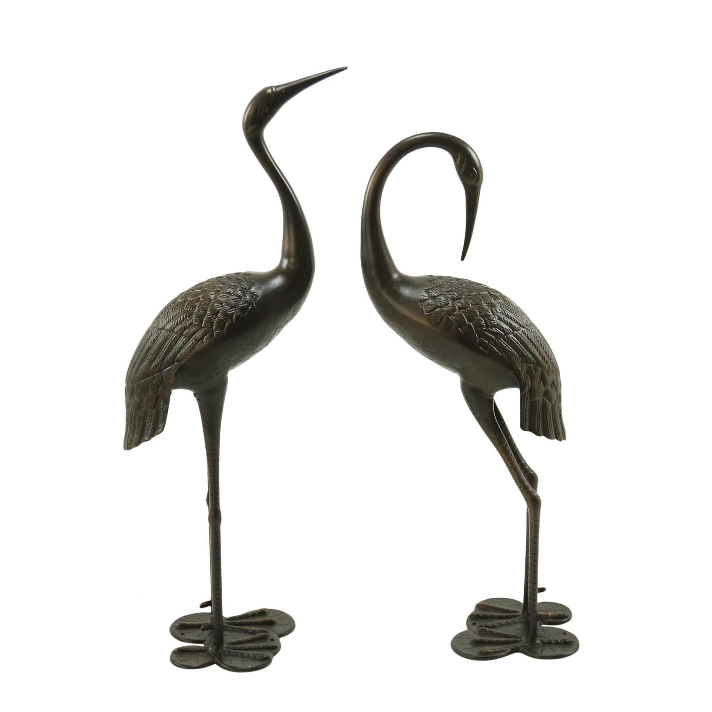 Cranes outdoor decor metal statues; two bronze birds with textured feathers by HouseOfZazla on Tampa Home & Garden Store