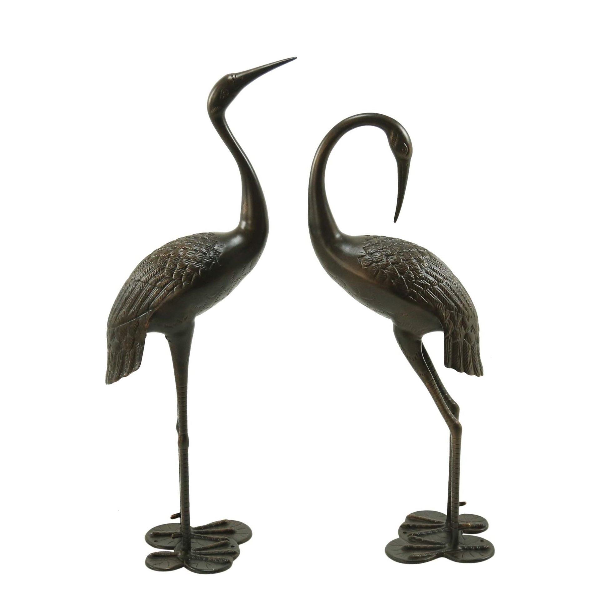 Cranes outdoor decor metal statues; two bronze birds with textured feathers by HouseOfZazla on Tampa Home & Garden Store