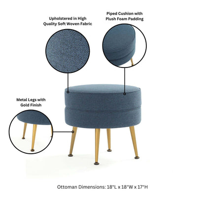 Bailey Upholstered Accent Ottoman, round blue fabric ottoman on gold-finish legs HouseOfZazla on Tampa Home & Garden Store