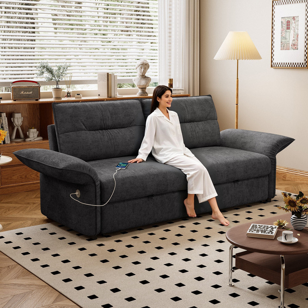 Grey plush-fabric sofa bed, 85-inch convertible design, modern living room setup on Tampa Home & Garden Store