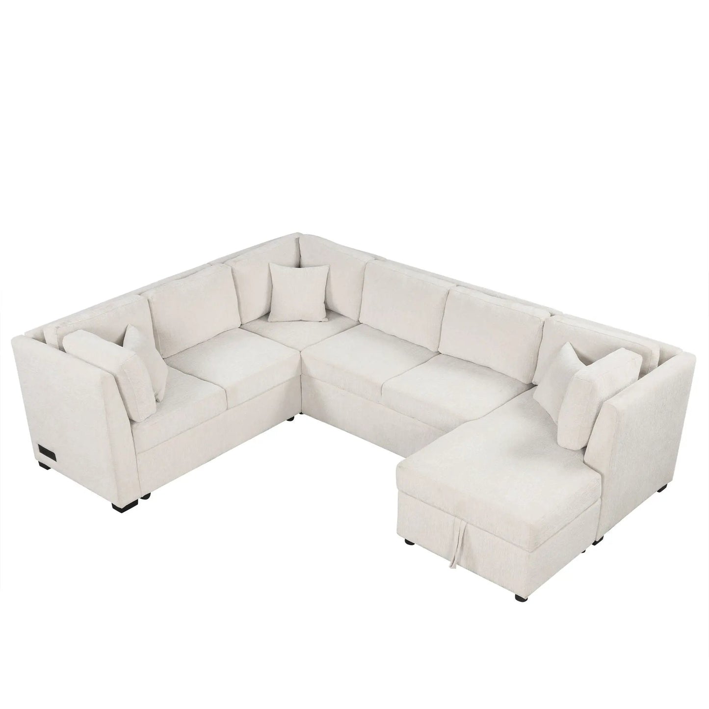 U-shaped sleeper sectional sofa in beige fabric with storage chaise and plush back cushions on Tampa Home & Garden Store