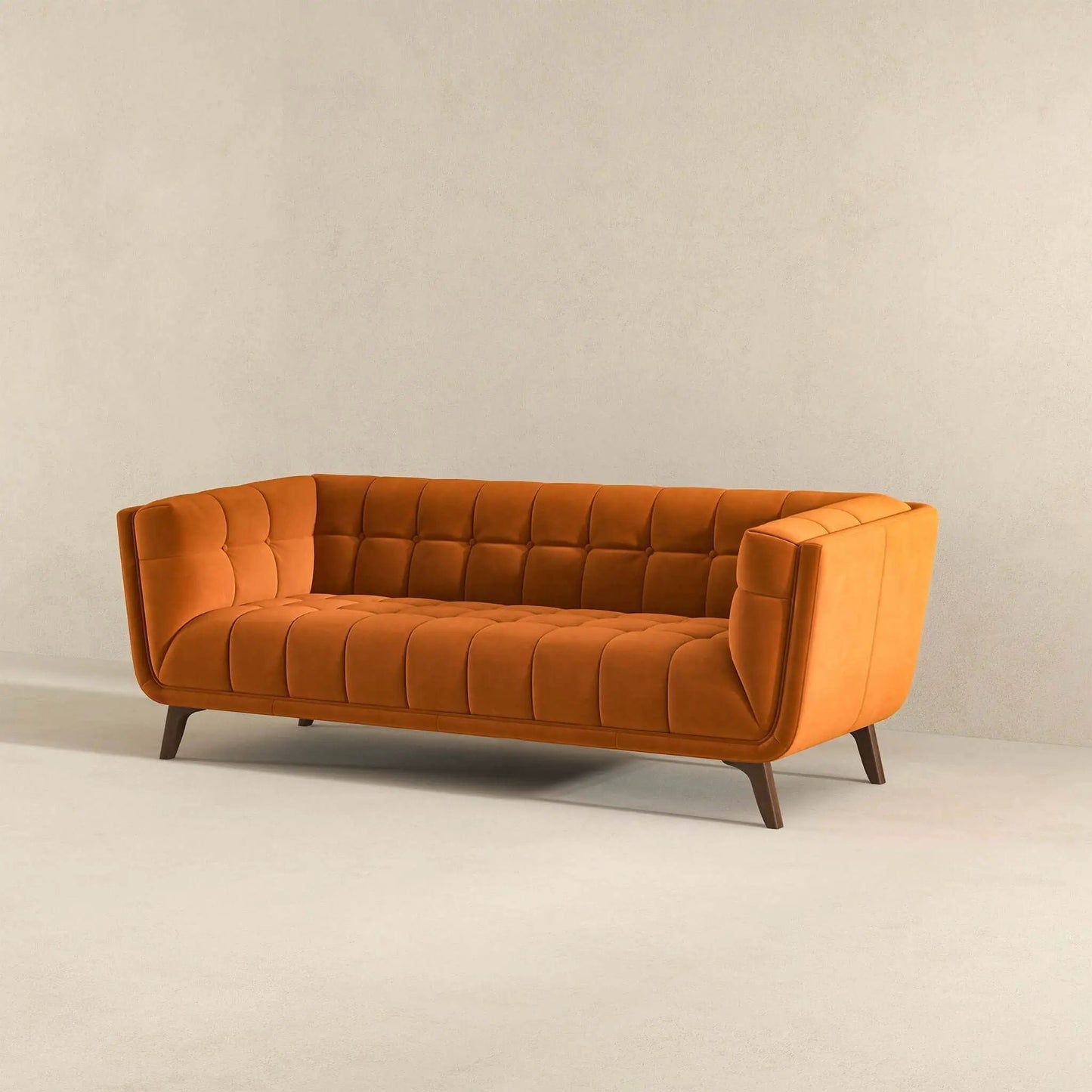 Addison mid-century modern tufted stationary sofa orange velvet with dark wood legs on Tampa Home & Garden Store